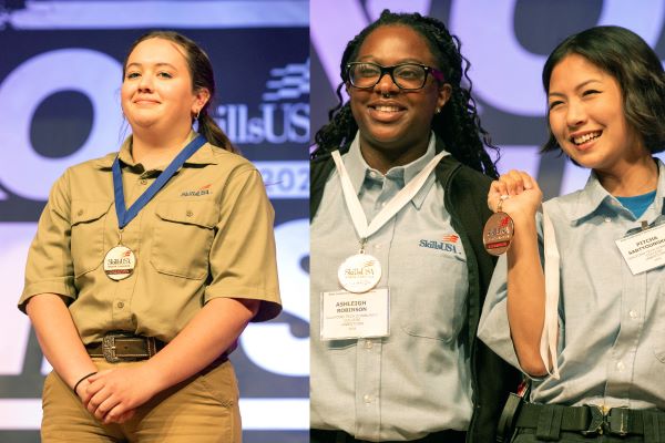 Left, Mary Medlin and Ashleigh Robinson and teammate Pitcha Sartyoungkul at the N.C. SkillsUSA state championship medal ceremony.