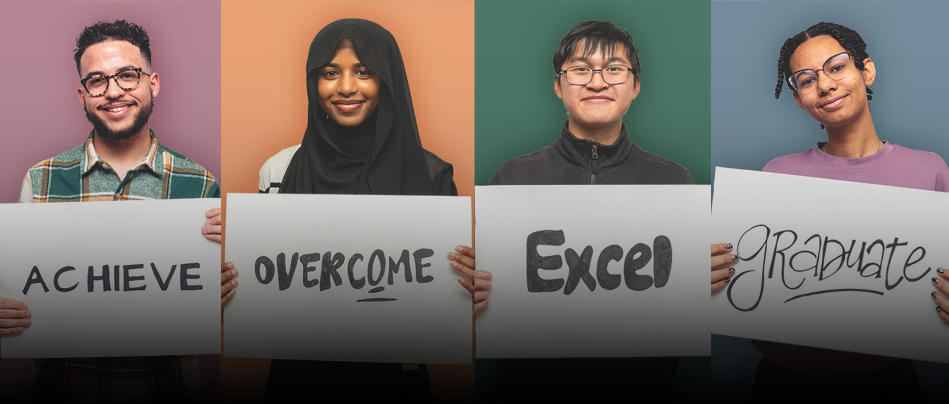 Four diverse GTCC students each hold hand-lettered signs reading “Achieve,” “Overcome,” “Excel,” and “Graduate” against colorful backdrops.