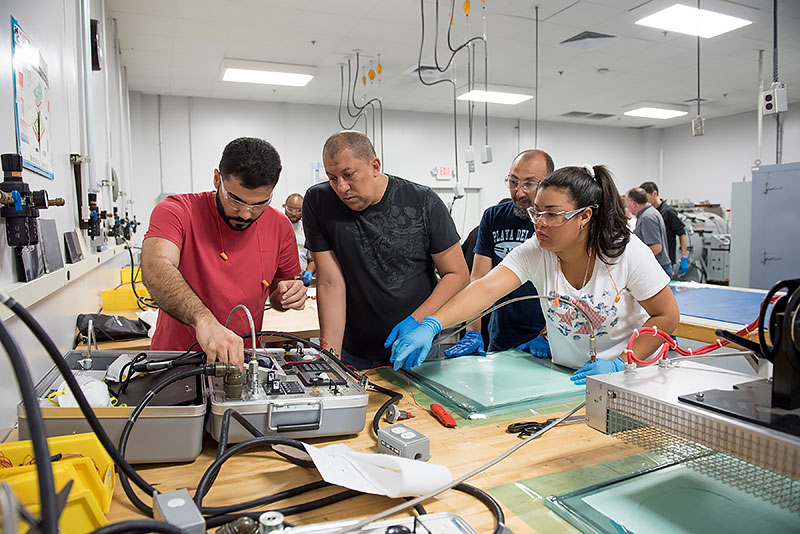 Several students work together in a lab.