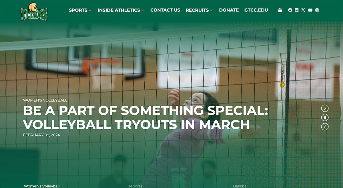 Home page image of gtcctitans.com with volleyball tryouts promotion