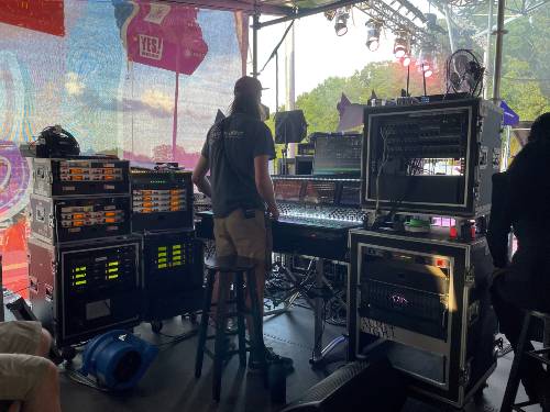 GTCC alum Stevie Klinefelter runs monitors recently at the John Coltrane Jazz Festival working for Audio & Light.