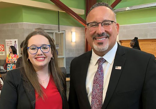 Mary Medlin (left) and U.S. Secretary of Education Miguel Cardona.