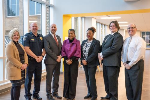 From left: Ann Proudfit Ph.D., vice president for student services, stands with GTCC’s MLK Jr. Service Award recipients: GTCC Police Chief Gene Sapino; David Pittman, Ed.D.; Natashia McEachern, representing Titan Link; Catina Galloway, Ph.D.; Bryson Nicoletta; and GTCC President Anthony Clarke, Ph.D.
