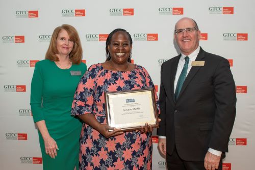 GTCC Senior Vice President of Instruction Beth Pitonzo, Ph.D., with N,C. Community College System Academic Excellence Award winner and GTCC student Joanne Martin, and GTCC President Anthony Clarke, Ph.D.