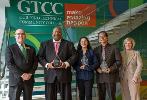 (Left to right): GTCC President Anthony Clarke Ph.D., MLK Jr. Service Award recipients: Thomas L. Barksdale II D.Min., Tonalmitzin (Toni) Guzman-Perez, Terence Garraway, GTCC Vice President for Student Services Ann Proudfit Ph.D.