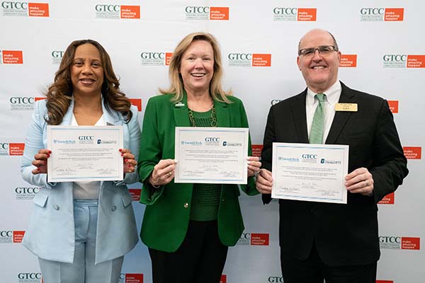 Tamara Williams (from left), Chief Academic Officer at Forsyth Tech; Sharon Gaber, Ph.D., chancellor of UNC Charlotte; and Anthony Clarke, Ph.D., president of GTCC.