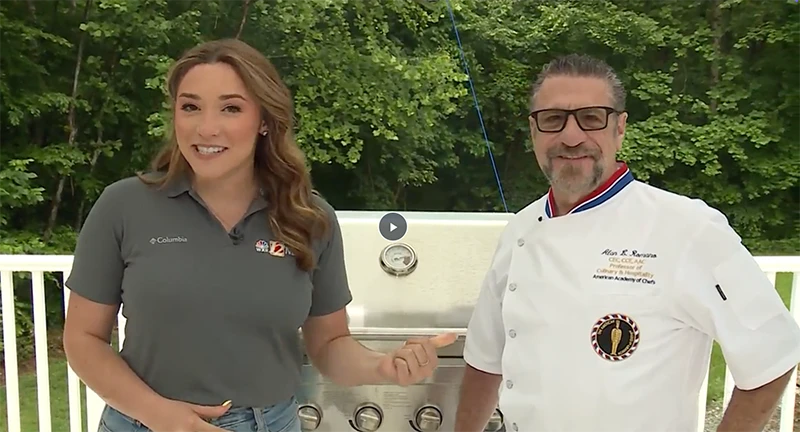 Screen grab of WXII female reporter Jackie Pascale with GTCC assistant professor Al Romano